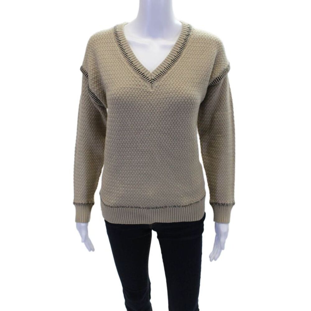 MK Metric Knits Women's V-Neck Long Sleeves Pullover Sweater Tan Size S